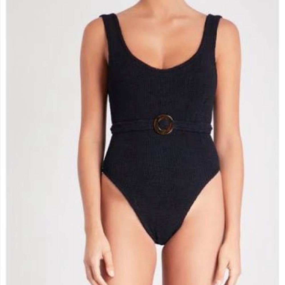 Hunza G Black Ribbed Swimsuit with Tortoise Buckle